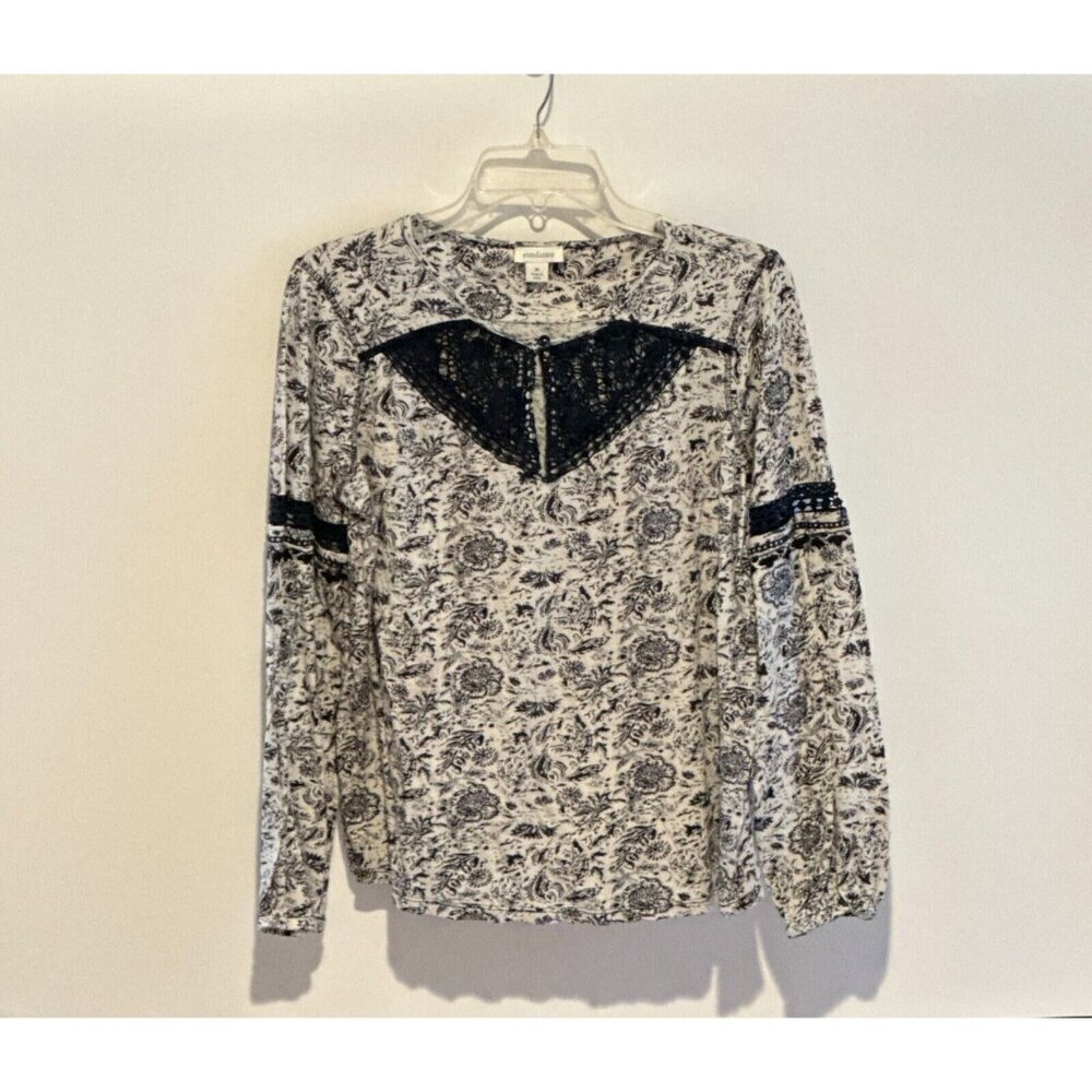 Sundance Knit Top Size Med Navy Crochet Detail L/S Boho Cozy soft Cotton Modal